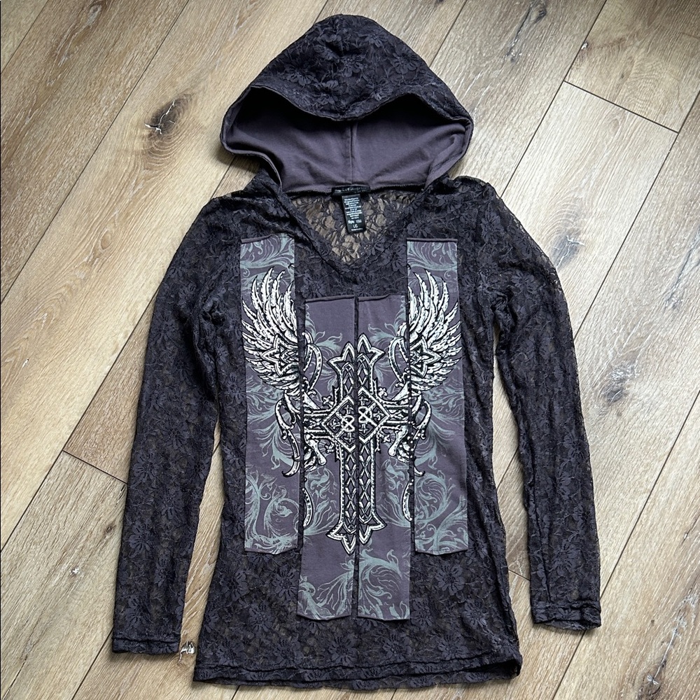 From Los Angeles Bus Stop Rhinestone Womens Long sleeve Cross Wings L Lace Sheer